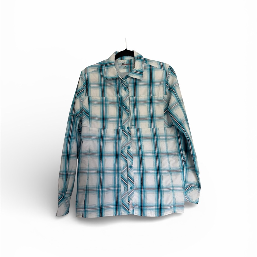 Bass Pro Shops Blue and White Plaid Women's Long Sleeve Active Wear Shirt M